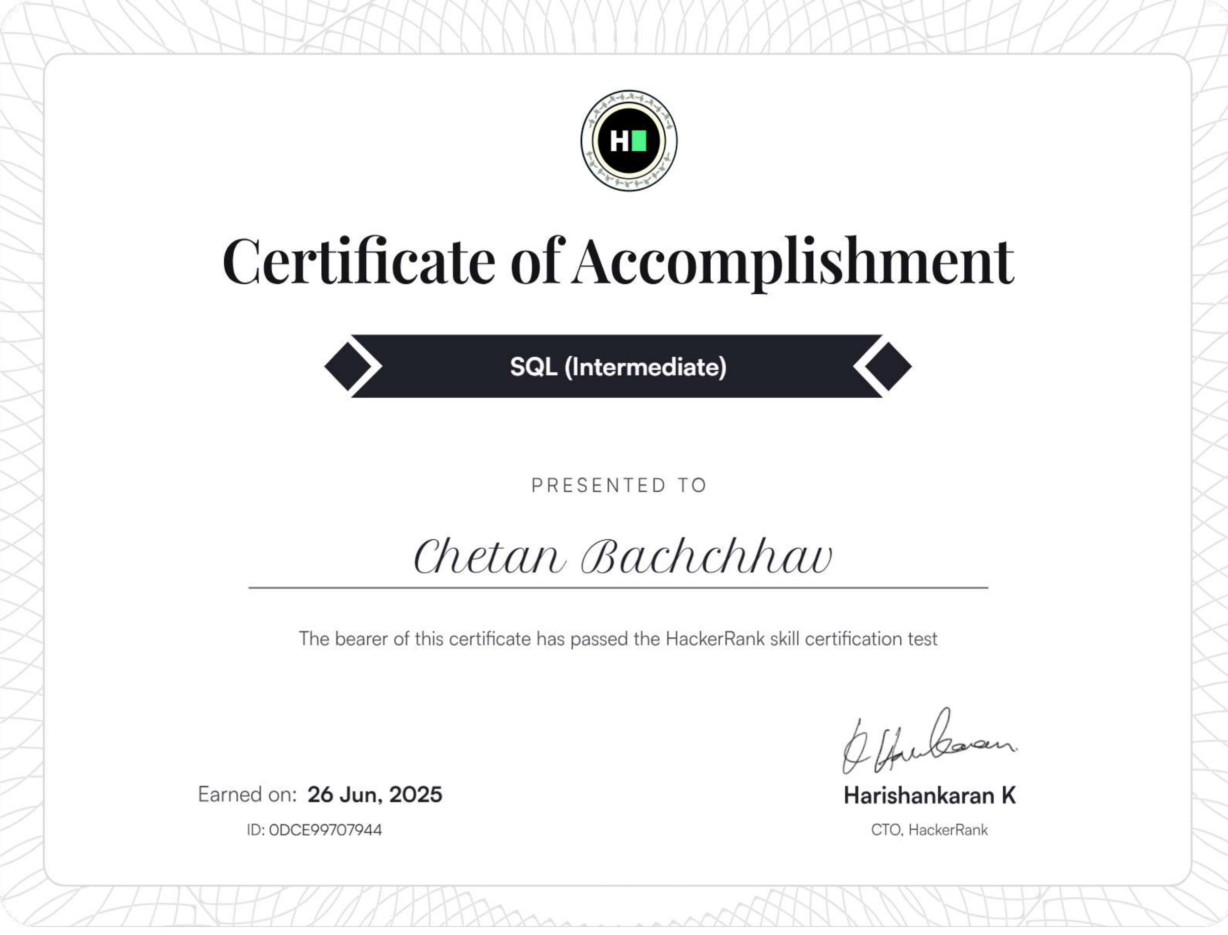 SQL Intermediate HackerRank Certificate